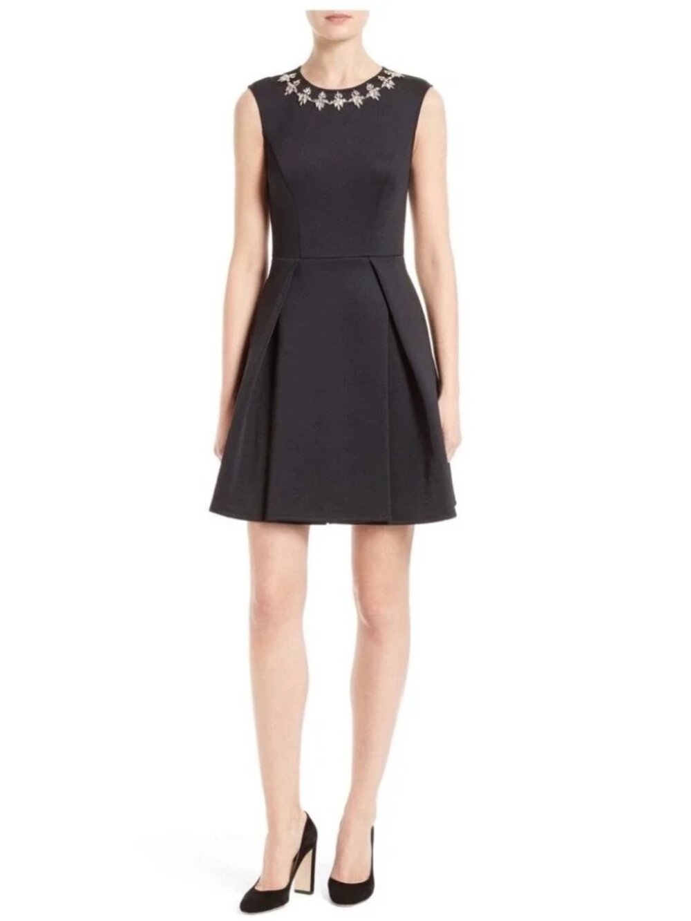 Ted Baker Joone Black Crystal Neck Skater Dress Size 0 Fit & Flare Like New